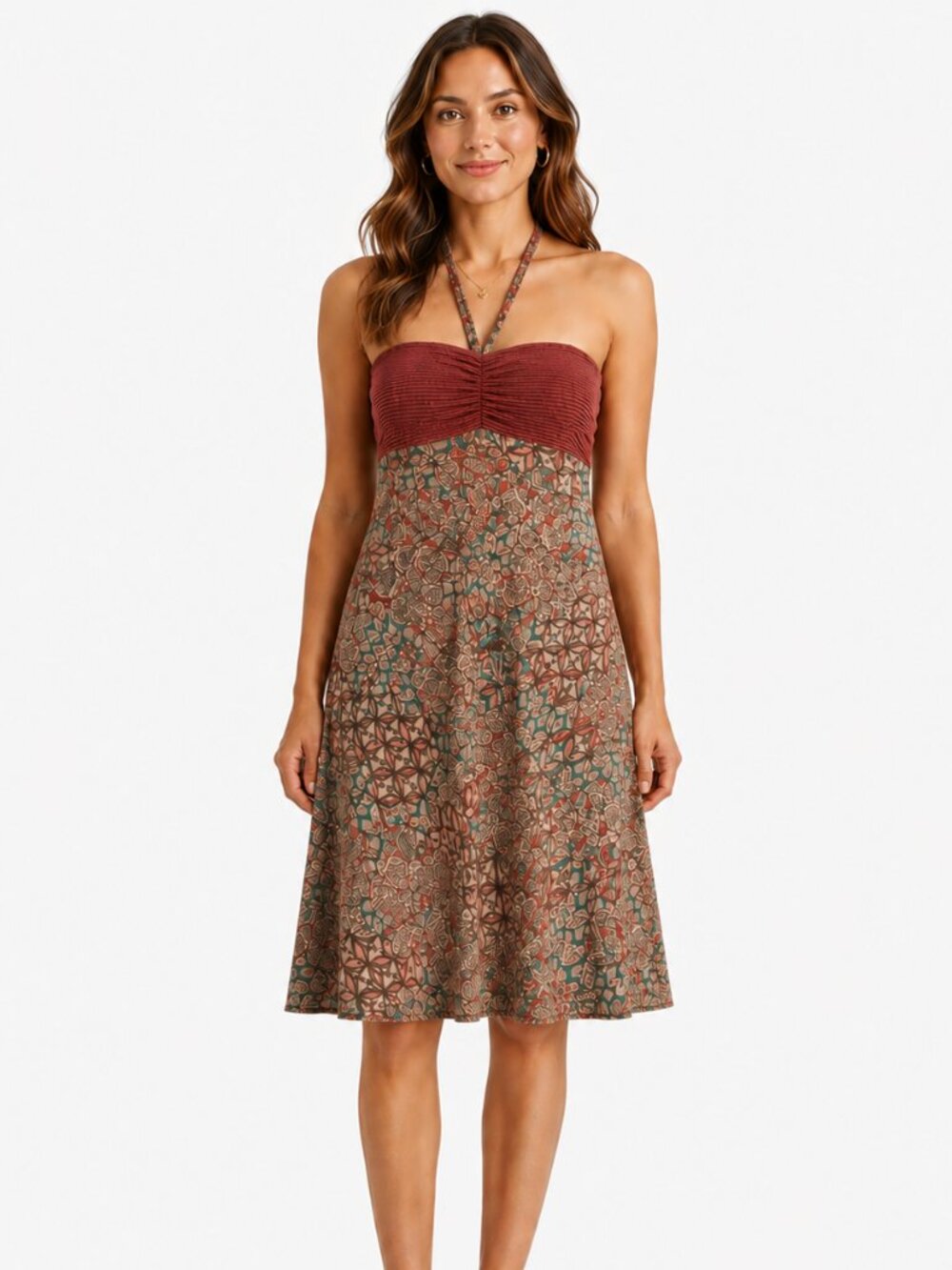 Patagonia Kamala Convertible Boho Red Tan Bandeau Halter Dress Midi Skirt Size S